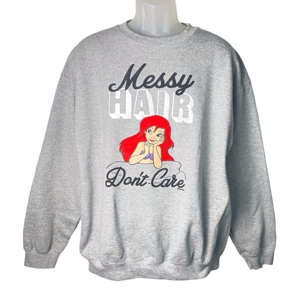 DISNEY Little Mermaid Gray Crew Sweatshirt “Messy Hair Don’t Care” Size M - Picture 1 of 6